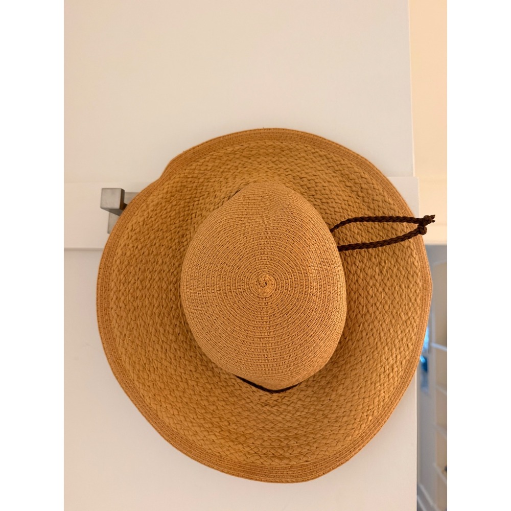 Ocean Blue Straw‎ Sun Hat Women OS Tan Excellent Braided Accent Wide Brim
